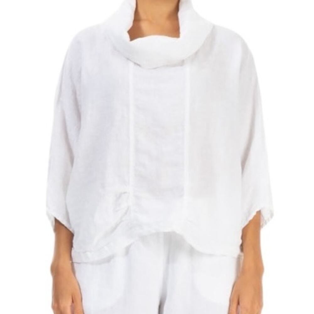 Grizas Cowl Neck White 100% Linen Lagenlook Blouse Top Women Small Oversized